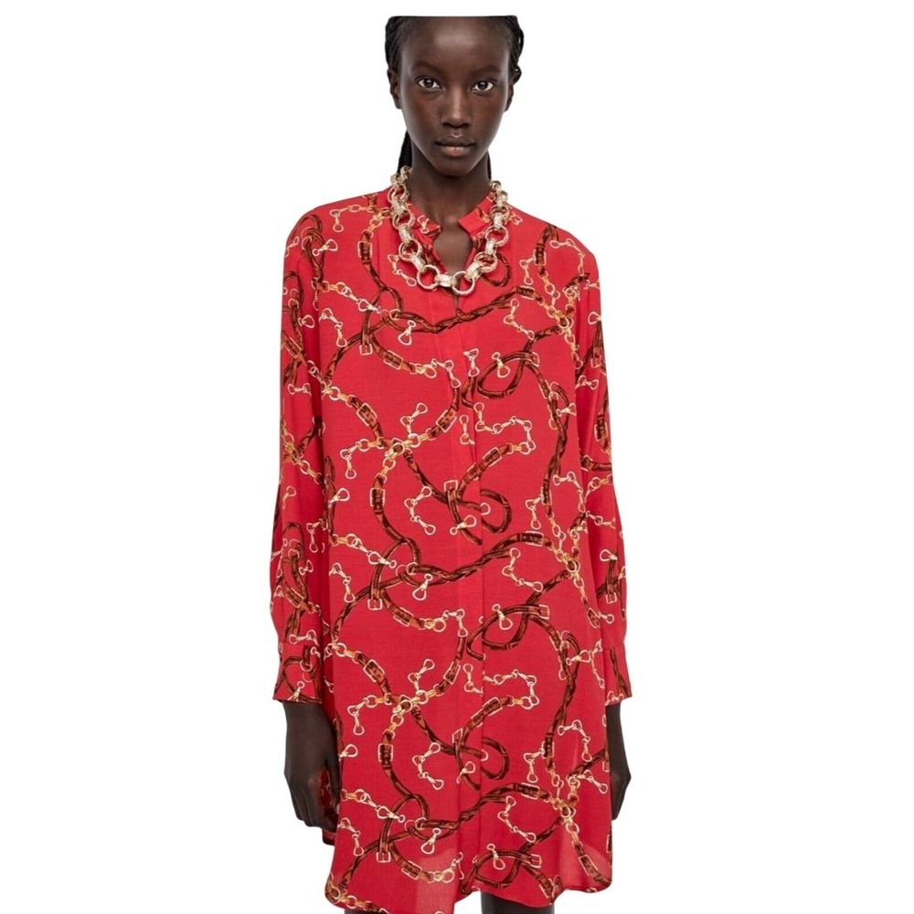 ZARA BASIC Red Chain Belt Print Long Sleeve Button Front Shirt Dress Size Med